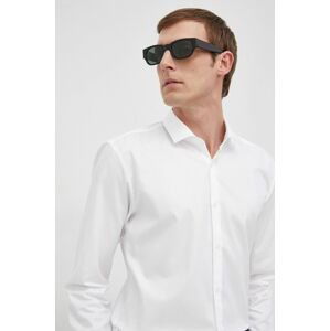 Bavlněné tričko HUGO bílá barva, slim, s italským límcem