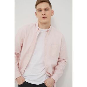 Bavlněné tričko Wrangler pánská, růžová barva, regular, s límečkem button-down