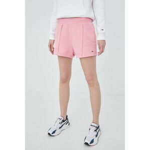 Bavlněné šortky Tommy Jeans dámské, růžová barva, hladké, high waist