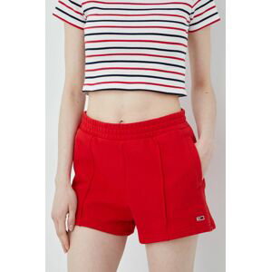 Bavlněné šortky Tommy Jeans dámské, červená barva, hladké, high waist