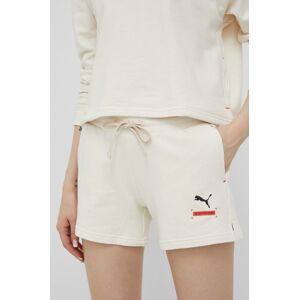 Bavlněné šortky Puma 847466 dámské, béžová barva, hladké, high waist