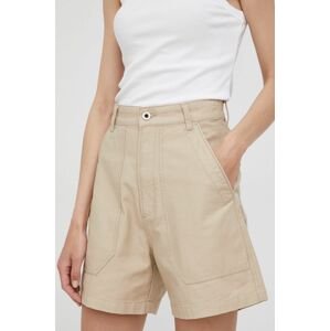 Bavlněné šortky G-Star Raw dámské, zelená barva, hladké, high waist