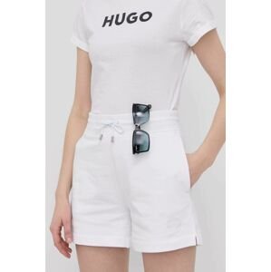 Bavlněné šortky Hugo dámské, bílá barva, hladké, high waist