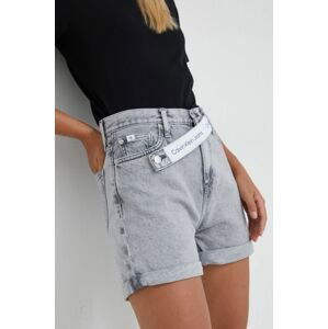 Džínové šortky Calvin Klein Jeans dámské, šedá barva, hladké, high waist