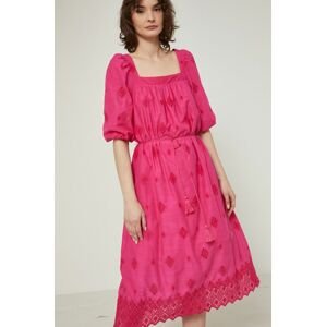 Bavlněné šaty Medicine růžová barva, midi, áčkové