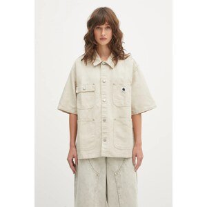 Košile s příměsí lnu Carhartt WIP W' S/S Michigan dámská, béžová barva, regular, s klasickým límcem, I035573.502