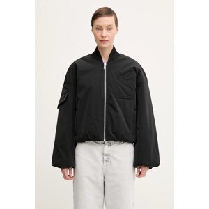Bunda GANNI Light Twill Oversized Short Bomber černá barva, přechodná, F9180