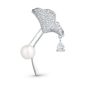 JwL Luxury Pearls Třpytivá brož 2v1 s krystaly a pravou perlou Ginkgo JL0838