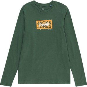 Jack & Jones Junior Tričko 'Races' tmavě zelená / oranžová / bílá