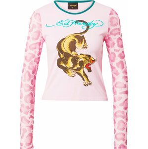 Ed Hardy Tričko 'PANTHER' tmavě hnědá / zlatě žlutá / světle fialová / pink