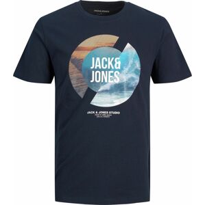 JACK & JONES Tričko 'RESOR' noční modrá / světlemodrá / světle hnědá / bílá