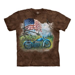 Pánské batikované triko The Mountain - Modrá Motorka s Americkou Vlajkou - hnědé Velikost: XL