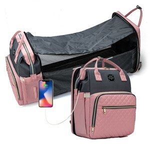 LEQUEEN Přebalovací batoh na kočárek se zabudovanou postýlkou - růžovo-šedý