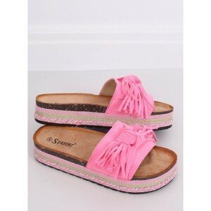 Dámské semišové pantofle s vysokou podrážkou v neonově růžové barvě