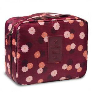 Kosmetická taška bordové barvy s květovaným potiskem