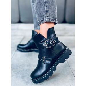 Rockové dámské boty černé barvy s přezkami a vybíjením