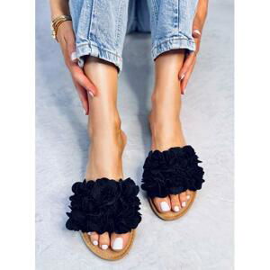 Ploché černé pantofle s květinami