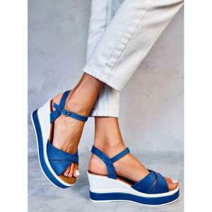 Modré dámské sandály na klínovém podpatku