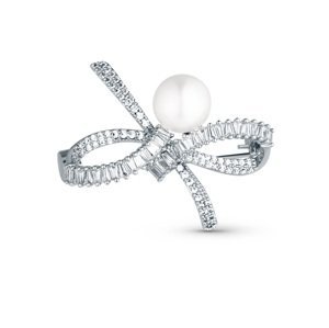 JwL Luxury Pearls Blyštivá dámská brož Mašle s pravou perlou a krystaly JL0842