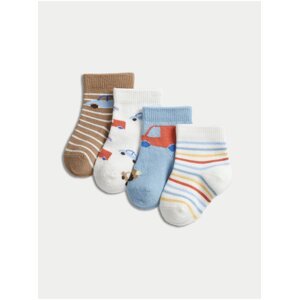 Sada čtyř párů dětských vzorovaných ponožek v hnědé, bílé a modré barvě Marks & Spencer