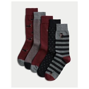 Sada pěti párů pánských vzorovaných ponožek v šedé, vínové a černé barvě Marks & Spencer