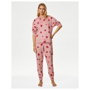 Růžová dámská fleecová pyžamová souprava se srdíčkovým potiskem Marks & Spencer