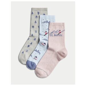 Sada tří párů dámských ponožek s lyžařským motivem v růžové, modré a šedé barvě Marks & Spencer