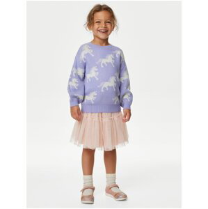 Bílo-fialový holčičí svetr s motivem jednorožce Marks & Spencer