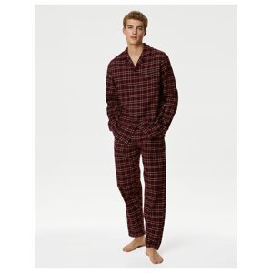 Károvaná pyžamová souprava z česané bavlny v prodloužené délce Marks & Spencer červená