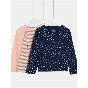 Sada tří holčičích vzorovaných triček v růžové, krémové a tmavě modré barvě Marks & Spencer
