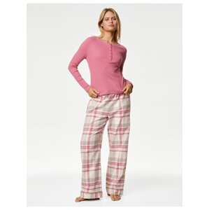 Žebrovaná károvaná pyžamová souprava, s vysokým podílem bavlny Marks & Spencer růžová
