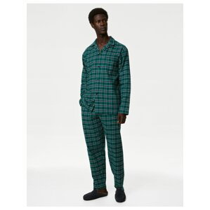 Károvaná pyžamová souprava z česané bavlny v prodloužené délce Marks & Spencer zelená