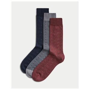 Sada tří párů pánských vzorovaných ponožek ve vínové, šedé a tmavě modré barvě Marks & Spencer