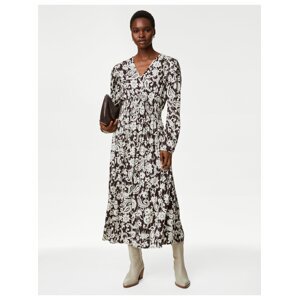 Bílo-hnědé dámské vzorované midi šaty s řasením Marks & Spencer