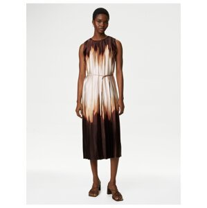 Krémovo-hnědé dámské plisované midi šaty bez rukávů Marks & Spencer