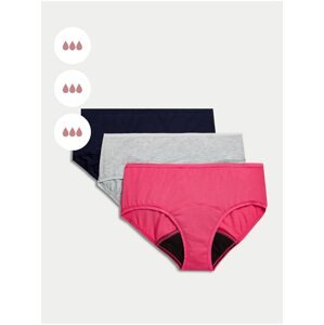 Sada tří dámských menstruačních kalhotek s vysokou savostí v tmavě růžové, šedé a černé barvě Marks & Spencer