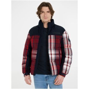 Červeno-modrá pánská zimní prošívaná bunda Tommy Hilfiger New York Check Puffer Jacket