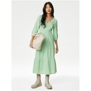 Nabírané kárované midi šaty z čisté bavlny Marks & Spencer zelená