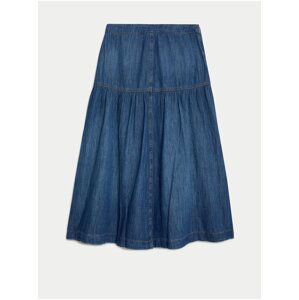 Nabíraná džínová midi sukně s ozdobnými švy Marks & Spencer denim
