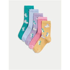 Ponožky s proužky a jednorožci, s vysokým podílem bavlny, 5 párů Marks & Spencer vícebarevná