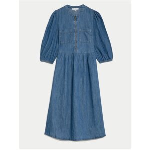 Džínové midi šaty se zvýrazněným pasem, z čisté bavlny Marks & Spencer denim
