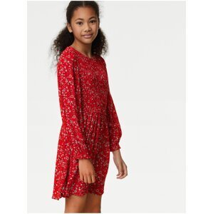 Řasené šaty s drobným květovaným vzorem (6–16 let) Marks & Spencer červená