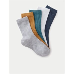 Sada pěti párů dětských žebrovaných ponožek v šedé, hořčicové, petrolejové, bílé a tmavě šedé barvě Marks & Spencer