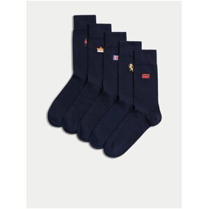 Sada pěti párů pánských ponožek s výšivkou v tmavě modré barvě Marks & Spencer Cool & Fresh™