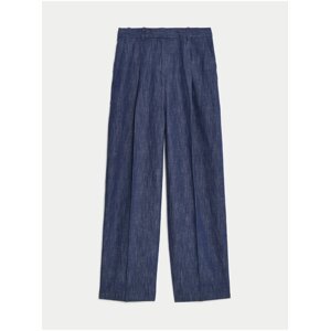 Tmavě modré dámské široké kalhoty s příměsí lnu Marks & Spencer