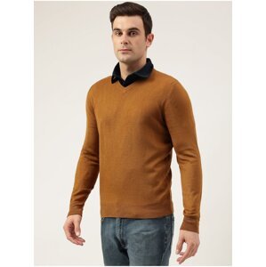 Hnědý pánský basic svetr s véčkovým výstřihem Marks & Spencer Cashmilon™