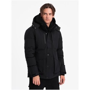 Černá pánská prošívaná zimní bunda s kapucí Ombre Clothing