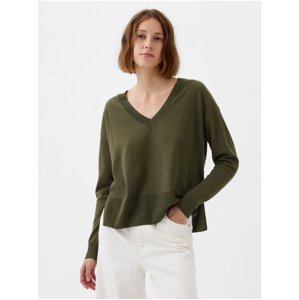 Ženy - Lněný svetr s rozparky Zelená