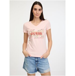 Světle růžové dámské tričko Guess Logo Flowers