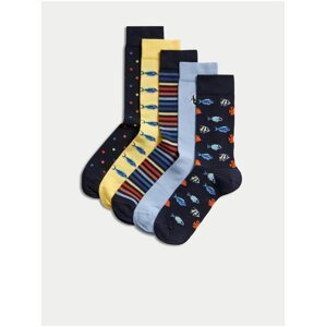 Sada pěti párů pánských vzorovaných ponožek v modré a žluté barvě Marks & Spencer Cool & Fresh™